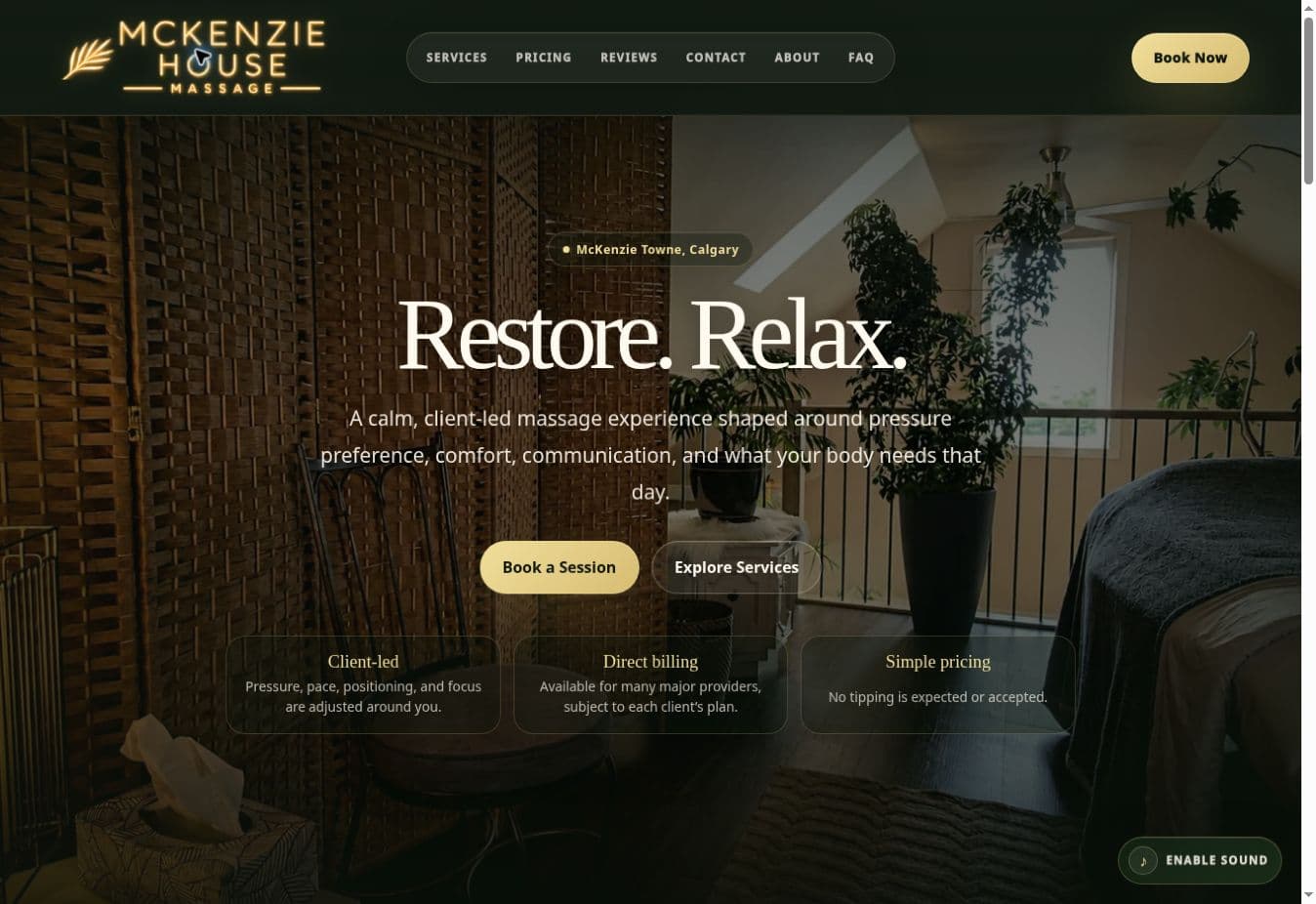 McKenzie House Massage homepage with treatment-space photography and booking links