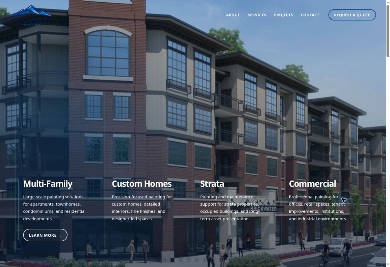 Crestline Painting homepage showing architecture imagery and four service areas