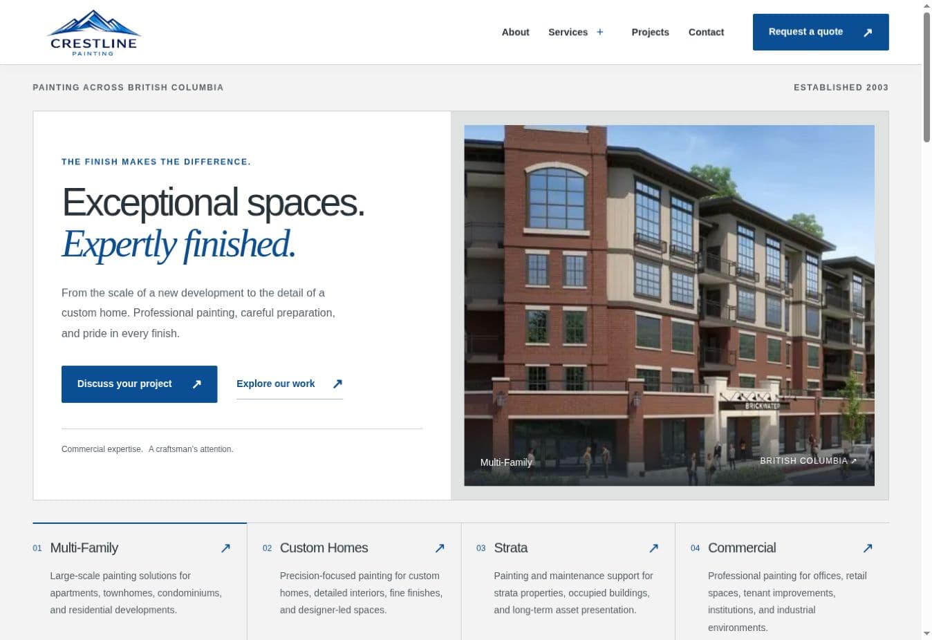 Alternative Crestline homepage with a white and grey layout, blue accents and a large multi-family project photograph