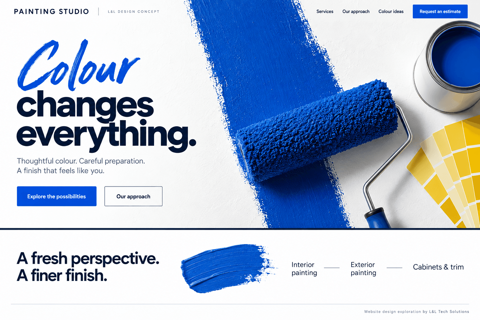 Painting website design concept with cobalt blue brush lettering, a paint roller and yellow colour swatches on a white background
