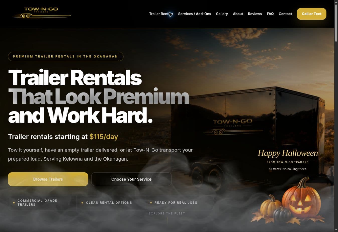 Tow-N-Go’s black-and-gold homepage with its October seasonal design