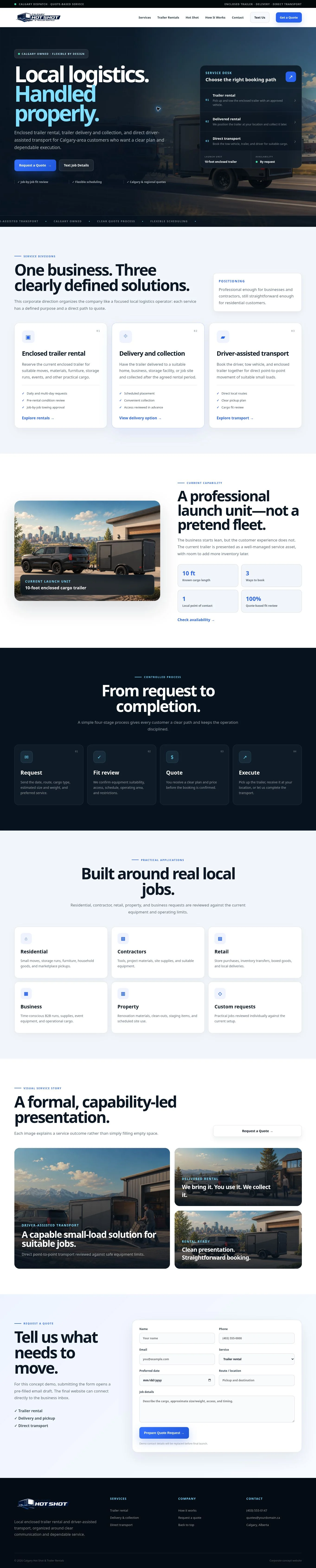 Full Calgary Hot Shot concept page showing service pathways, the booking process, applications and quote layout