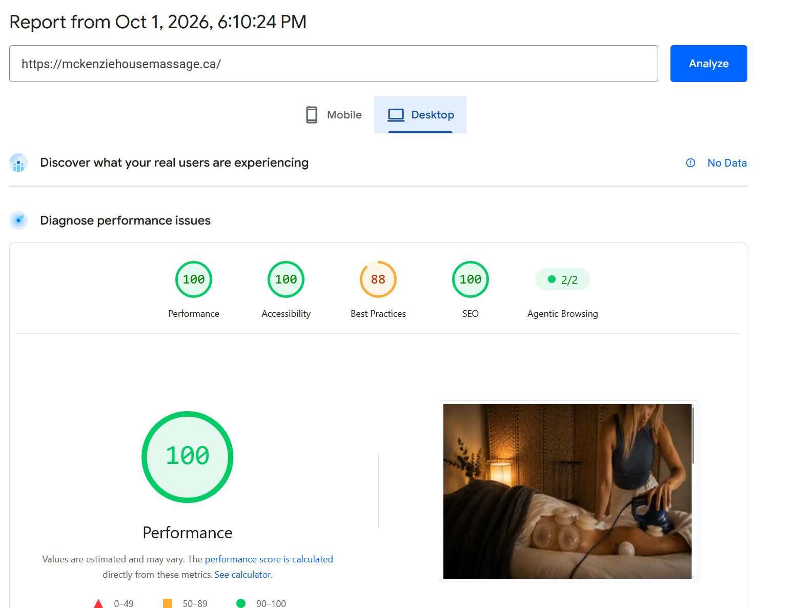 McKenzie House Massage, desktop PageSpeed report: Performance 100, Accessibility 100, Best practices 88, SEO 100. October 1, 2026.