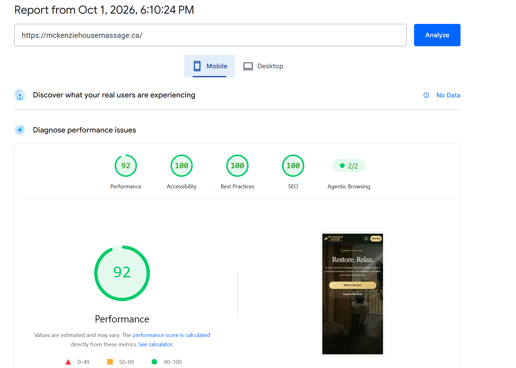 McKenzie House Massage, mobile PageSpeed report: Performance 92, Accessibility 100, Best practices 100, SEO 100. October 1, 2026.
