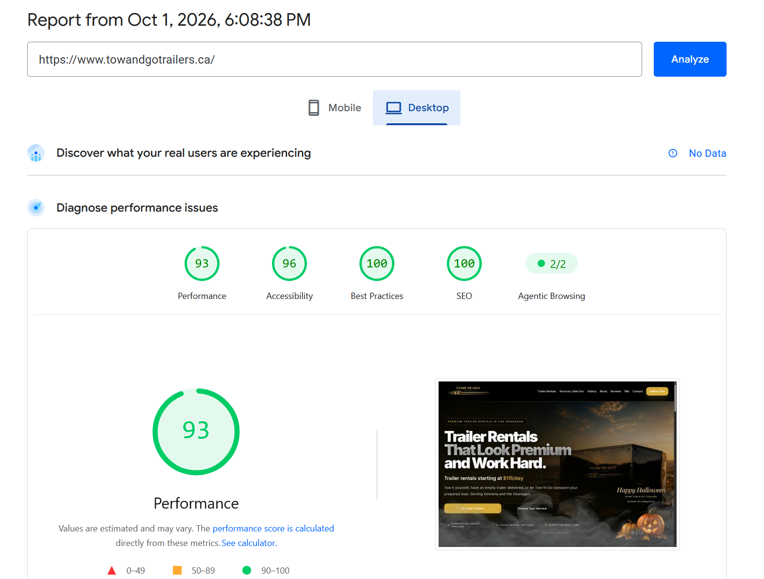 Tow-N-Go Trailers, desktop PageSpeed report: Performance 93, Accessibility 96, Best practices 100, SEO 100. October 1, 2026.