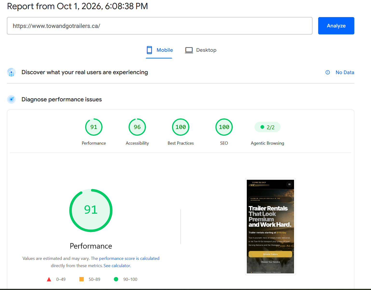 Tow-N-Go Trailers, mobile PageSpeed report: Performance 91, Accessibility 96, Best practices 100, SEO 100. October 1, 2026.
